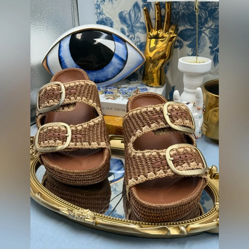 🆕 LOEFFLER RANDALL 🧿 NWOB Theo Embroidered Raffia Platform Sandal, Brown Sz 7